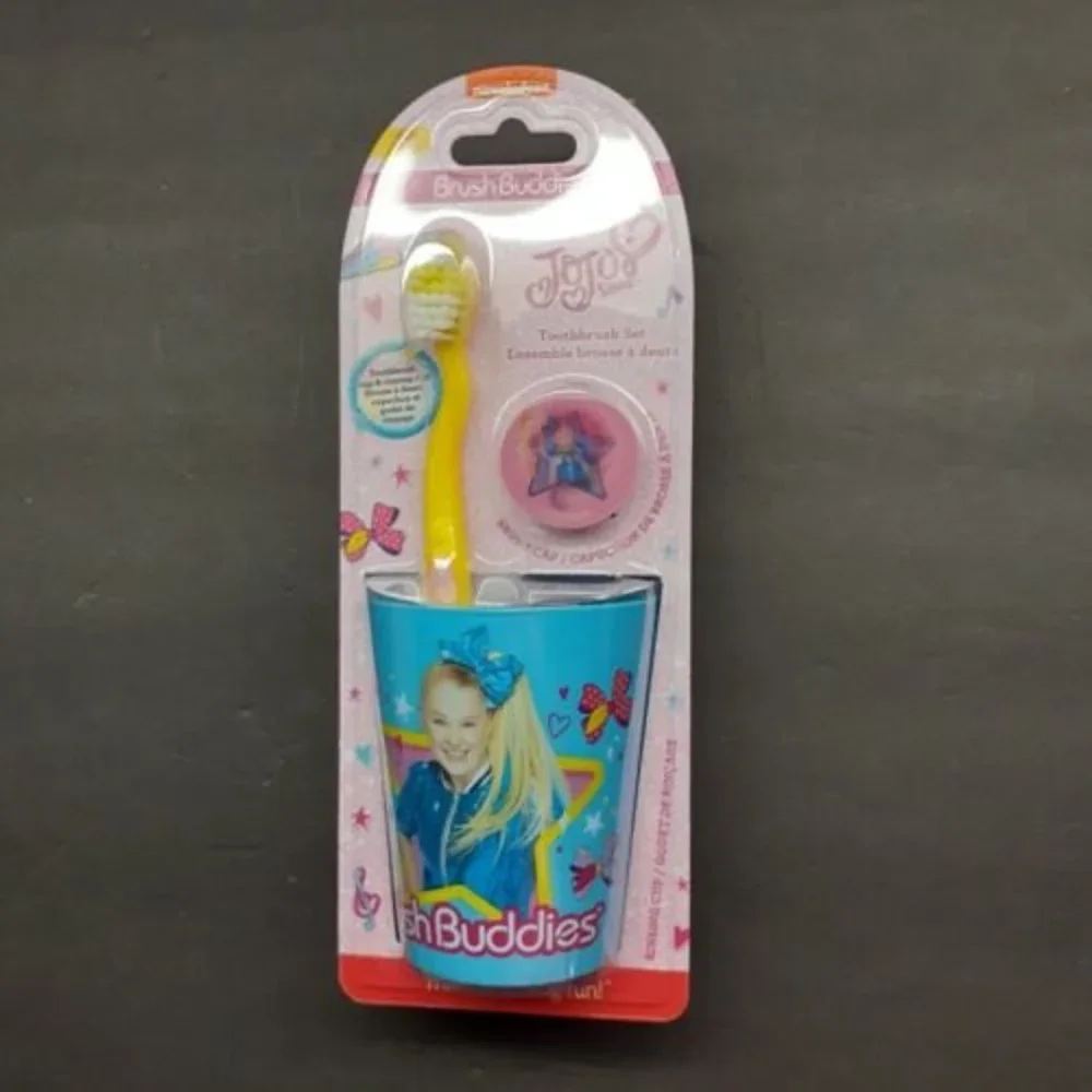 Jojo Siwa 3 Piece Toothbrush Set Holographic Cap & Rinsing Cup Blue Yellow Pink